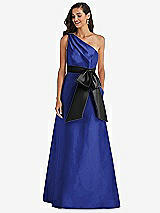 Front View Thumbnail - Cobalt Blue & Black One-Shoulder Bow-Waist Maxi Dress with Pockets