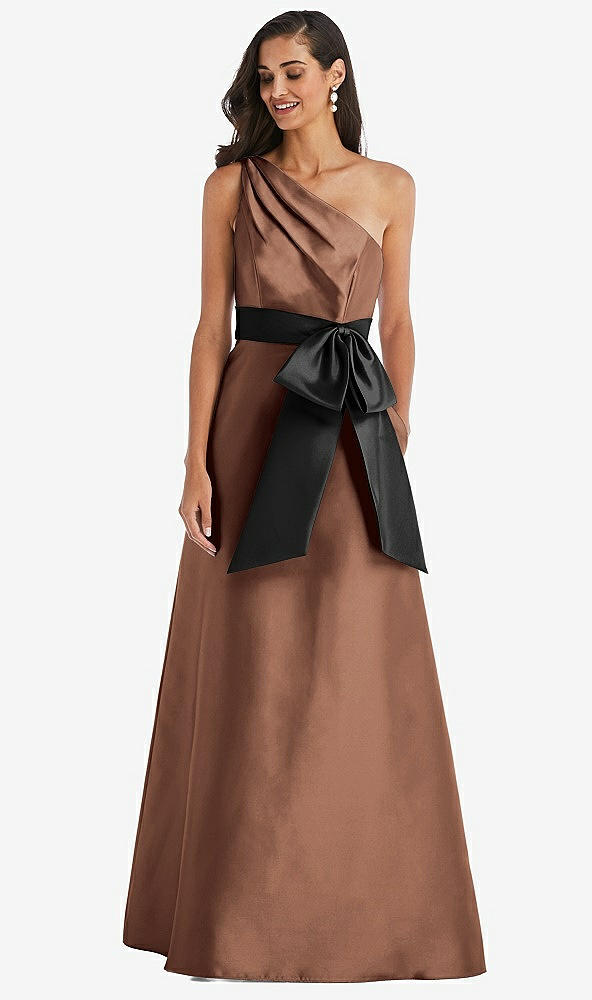 Front View - Cognac & Black One-Shoulder Bow-Waist Maxi Dress with Pockets