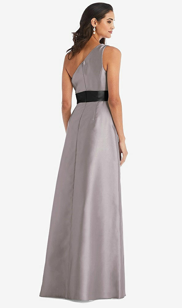 Back View - Cashmere Gray & Black One-Shoulder Bow-Waist Maxi Dress with Pockets