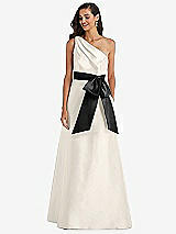 Front View Thumbnail - Ivory & Black One-Shoulder Bow-Waist Maxi Dress with Pockets