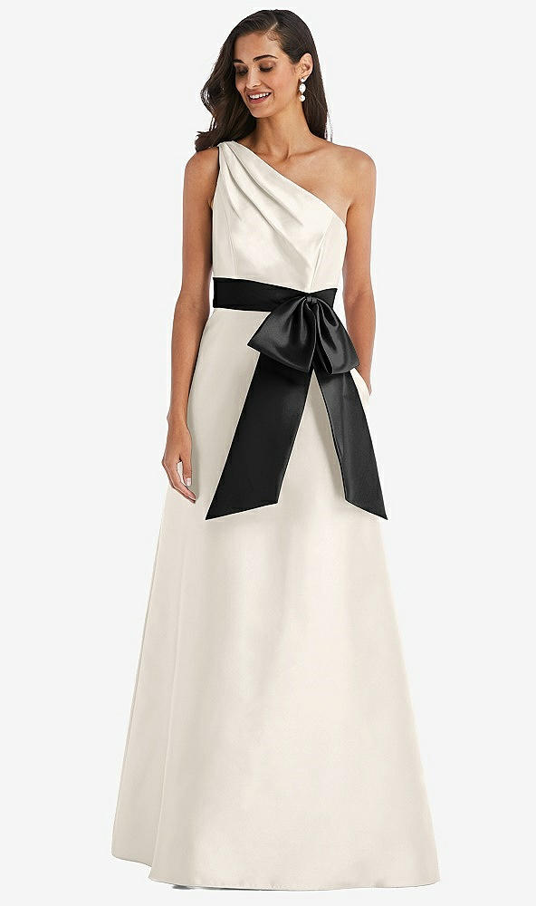 Front View - Ivory & Black One-Shoulder Bow-Waist Maxi Dress with Pockets