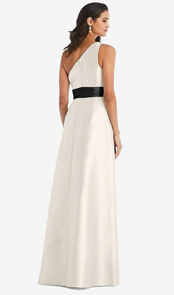 Back View - Ivory & Black One-Shoulder Bow-Waist Maxi Dress with Pockets