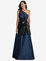 Front View Thumbnail - Midnight Navy & Black One-Shoulder Bow-Waist Maxi Dress with Pockets
