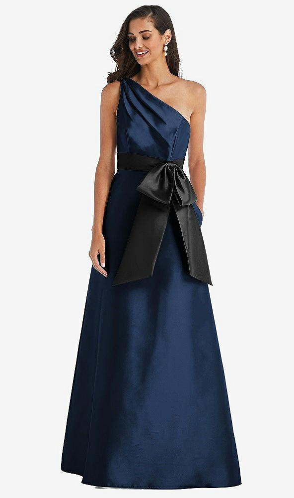 Front View - Midnight Navy & Black One-Shoulder Bow-Waist Maxi Dress with Pockets
