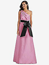 Front View Thumbnail - Powder Pink & Black One-Shoulder Bow-Waist Maxi Dress with Pockets