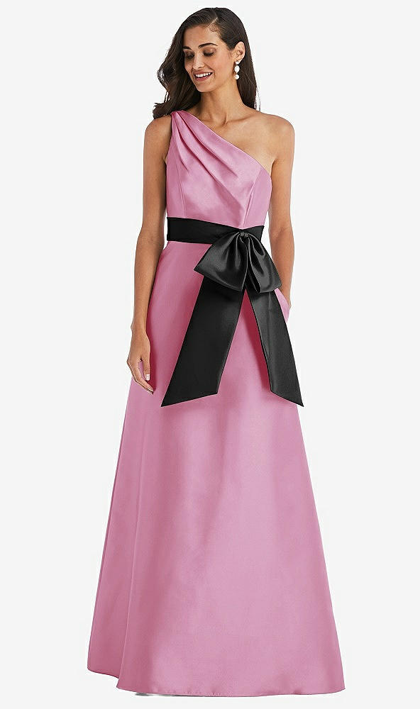 Front View - Powder Pink & Black One-Shoulder Bow-Waist Maxi Dress with Pockets