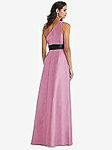 Rear View Thumbnail - Powder Pink & Black One-Shoulder Bow-Waist Maxi Dress with Pockets