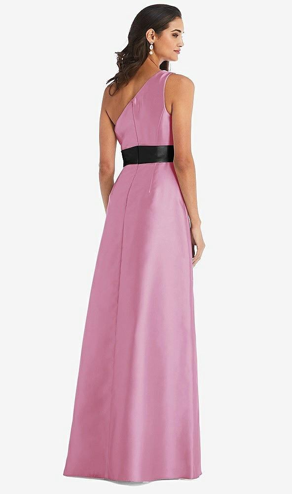 Back View - Powder Pink & Black One-Shoulder Bow-Waist Maxi Dress with Pockets