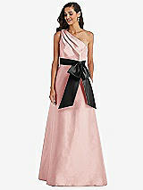 Front View Thumbnail - Rose & Black One-Shoulder Bow-Waist Maxi Dress with Pockets