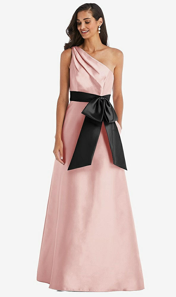 Front View - Rose & Black One-Shoulder Bow-Waist Maxi Dress with Pockets