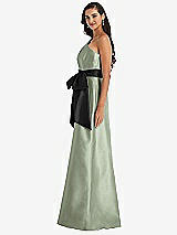 Side View Thumbnail - Sage & Black One-Shoulder Bow-Waist Maxi Dress with Pockets