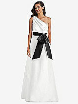 Front View Thumbnail - White & Black One-Shoulder Bow-Waist Maxi Dress with Pockets