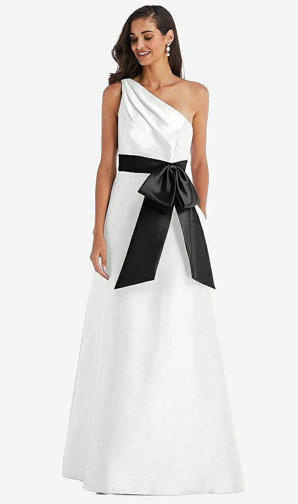 Front View - White & Black One-Shoulder Bow-Waist Maxi Dress with Pockets