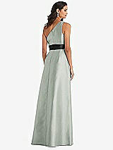 Rear View Thumbnail - Willow Green & Black One-Shoulder Bow-Waist Maxi Dress with Pockets