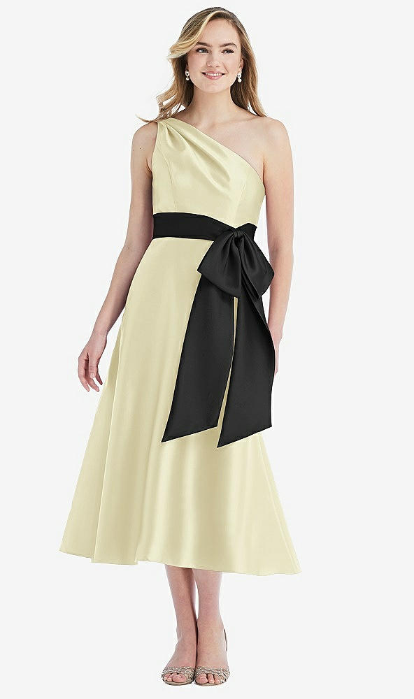 Front View - Butter Yellow & Black One-Shoulder Bow-Waist Midi Dress with Pockets