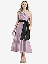 Front View Thumbnail - Suede Rose & Black One-Shoulder Bow-Waist Midi Dress with Pockets