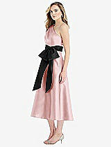 Side View Thumbnail - Ballet Pink & Black One-Shoulder Bow-Waist Midi Dress with Pockets