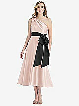 Front View Thumbnail - Blush & Black One-Shoulder Bow-Waist Midi Dress with Pockets