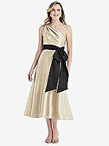 Front View Thumbnail - Champagne & Black One-Shoulder Bow-Waist Midi Dress with Pockets