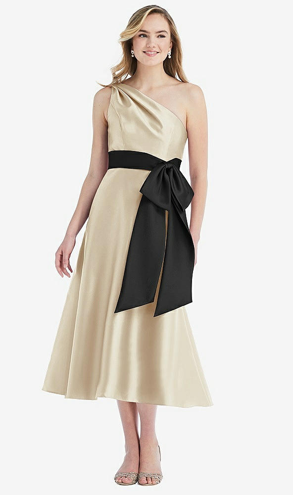 Front View - Champagne & Black One-Shoulder Bow-Waist Midi Dress with Pockets