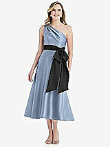 Front View Thumbnail - Cloudy & Black One-Shoulder Bow-Waist Midi Dress with Pockets