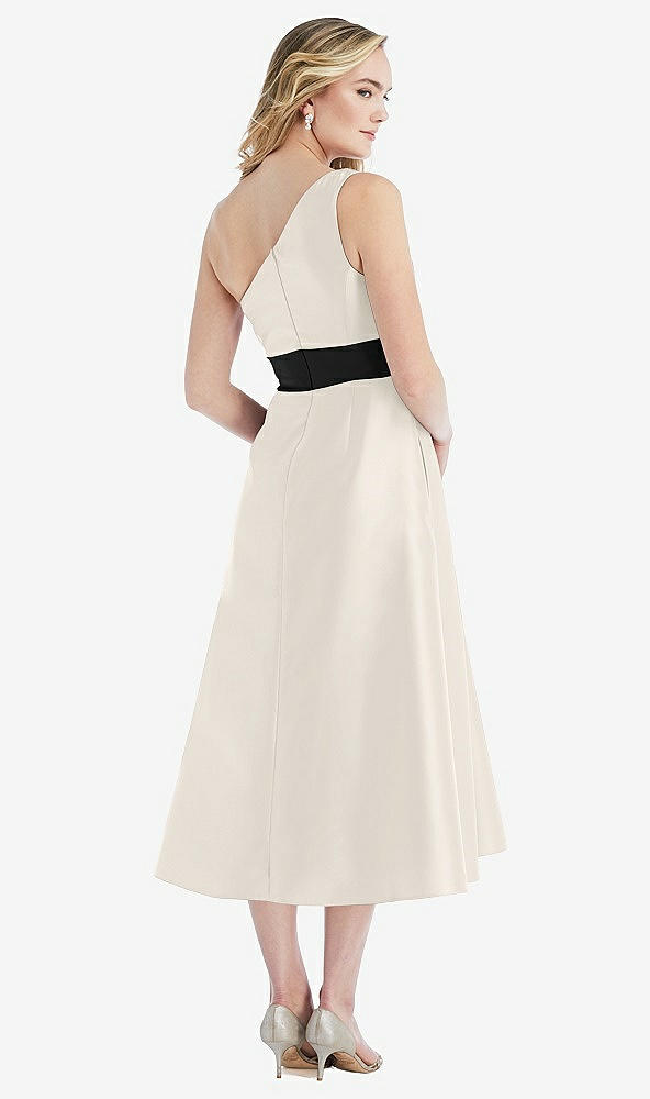 Back View - Ivory & Black One-Shoulder Bow-Waist Midi Dress with Pockets