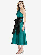Side View Thumbnail - Jade & Black One-Shoulder Bow-Waist Midi Dress with Pockets