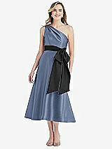 Front View Thumbnail - Larkspur Blue & Black One-Shoulder Bow-Waist Midi Dress with Pockets