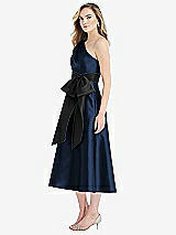 Side View Thumbnail - Midnight Navy & Black One-Shoulder Bow-Waist Midi Dress with Pockets