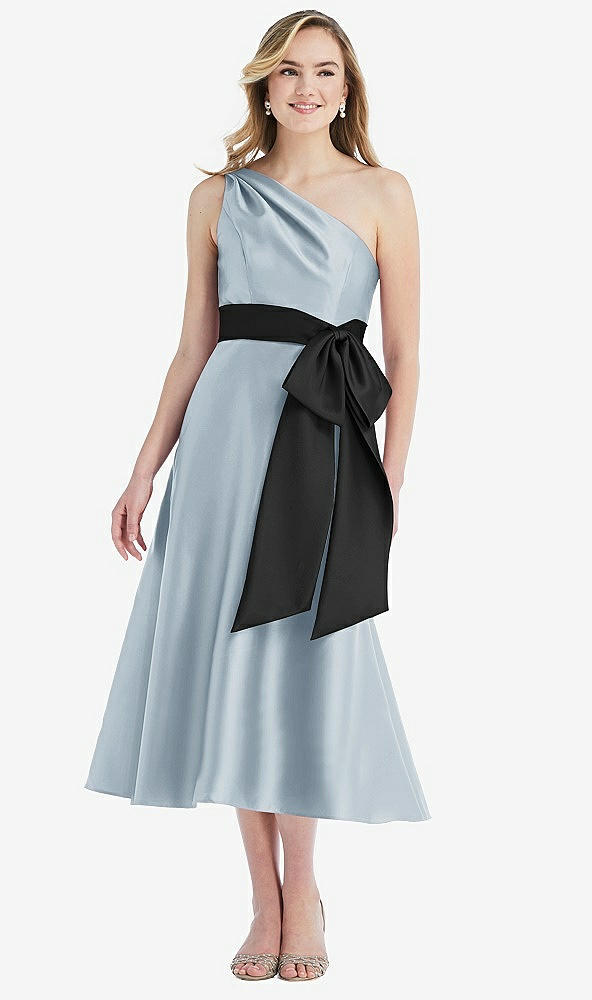 Front View - Mist & Black One-Shoulder Bow-Waist Midi Dress with Pockets