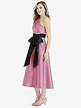 Side View Thumbnail - Powder Pink & Black One-Shoulder Bow-Waist Midi Dress with Pockets