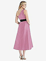Rear View Thumbnail - Powder Pink & Black One-Shoulder Bow-Waist Midi Dress with Pockets