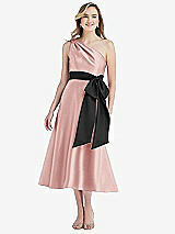 Front View Thumbnail - Rose & Black One-Shoulder Bow-Waist Midi Dress with Pockets