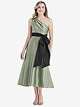 Front View Thumbnail - Sage & Black One-Shoulder Bow-Waist Midi Dress with Pockets