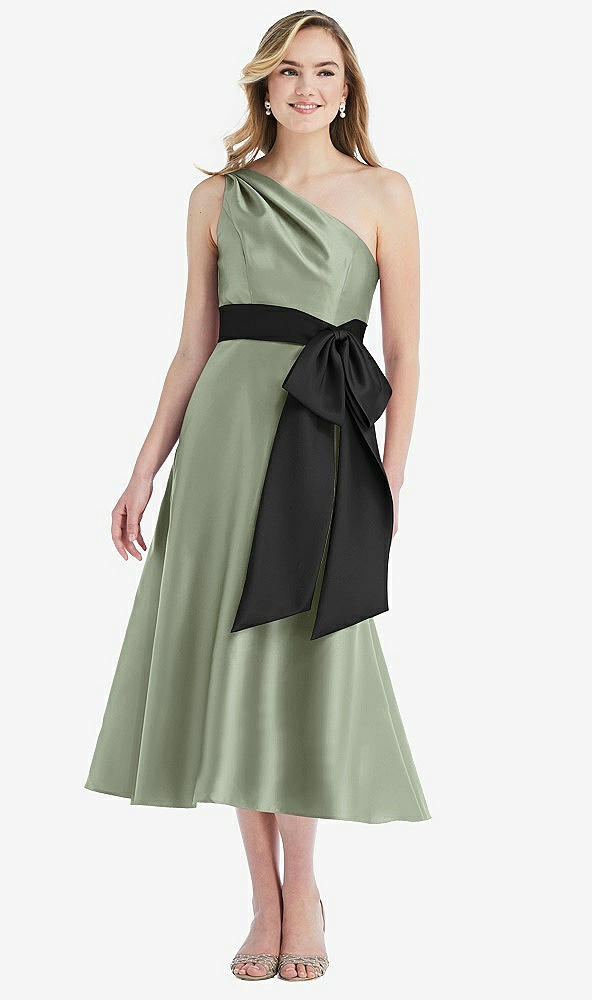 Front View - Sage & Black One-Shoulder Bow-Waist Midi Dress with Pockets