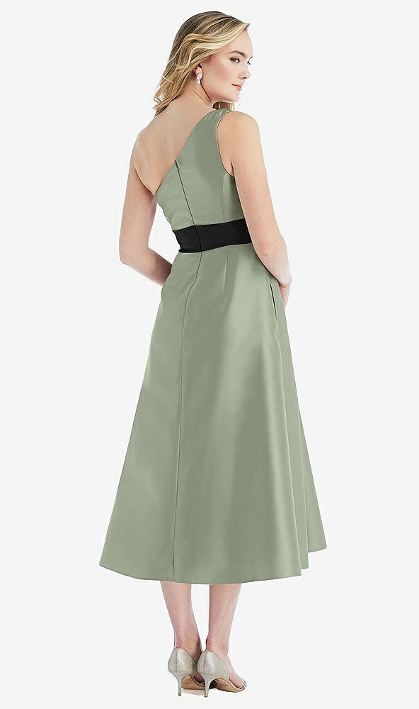 Back View - Sage & Black One-Shoulder Bow-Waist Midi Dress with Pockets