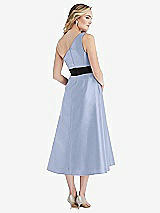 Rear View Thumbnail - Sky Blue & Black One-Shoulder Bow-Waist Midi Dress with Pockets