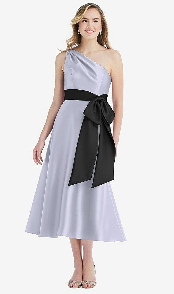 Front View - Silver Dove & Black One-Shoulder Bow-Waist Midi Dress with Pockets