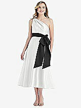 Front View Thumbnail - White & Black One-Shoulder Bow-Waist Midi Dress with Pockets