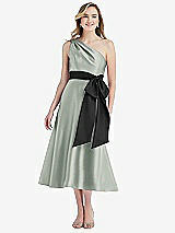 Front View Thumbnail - Willow Green & Black One-Shoulder Bow-Waist Midi Dress with Pockets