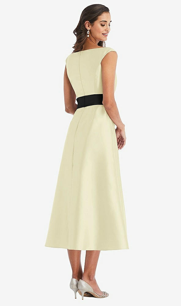 Back View - Butter Yellow & Black Off-the-Shoulder Bow-Waist Midi Dress with Pockets
