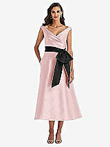 Front View Thumbnail - Ballet Pink & Black Off-the-Shoulder Bow-Waist Midi Dress with Pockets
