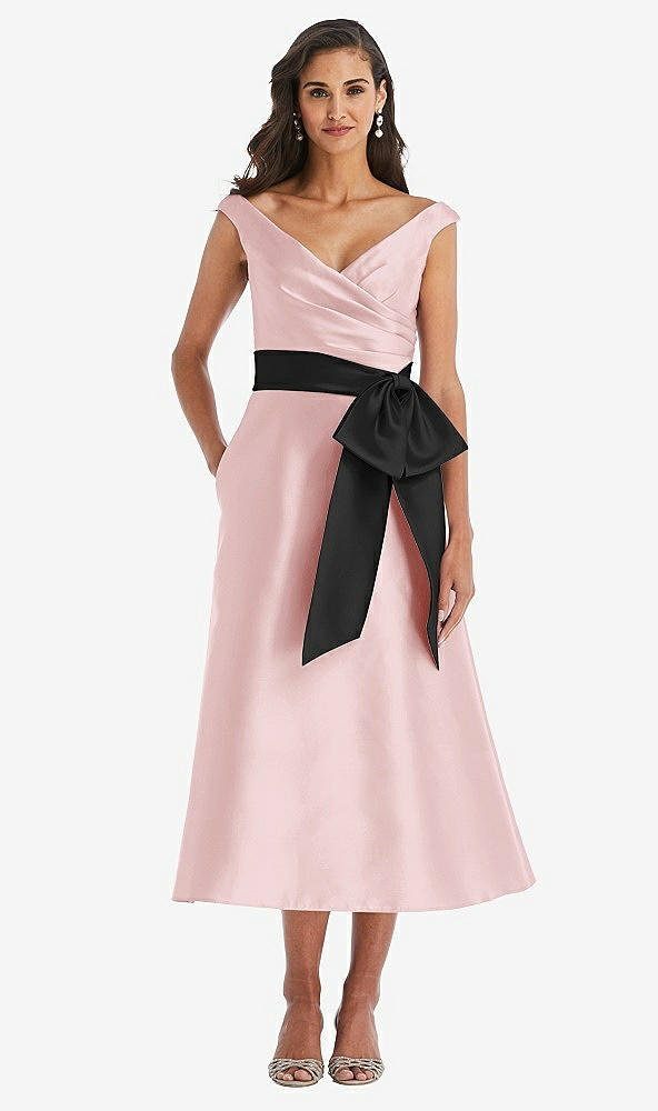 Front View - Ballet Pink & Black Off-the-Shoulder Bow-Waist Midi Dress with Pockets