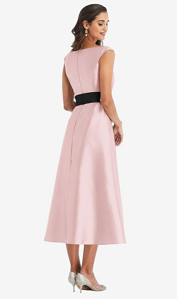 Back View - Ballet Pink & Black Off-the-Shoulder Bow-Waist Midi Dress with Pockets