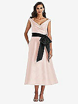 Front View Thumbnail - Blush & Black Off-the-Shoulder Bow-Waist Midi Dress with Pockets