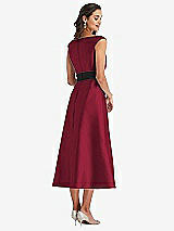 Rear View Thumbnail - Burgundy & Black Off-the-Shoulder Bow-Waist Midi Dress with Pockets