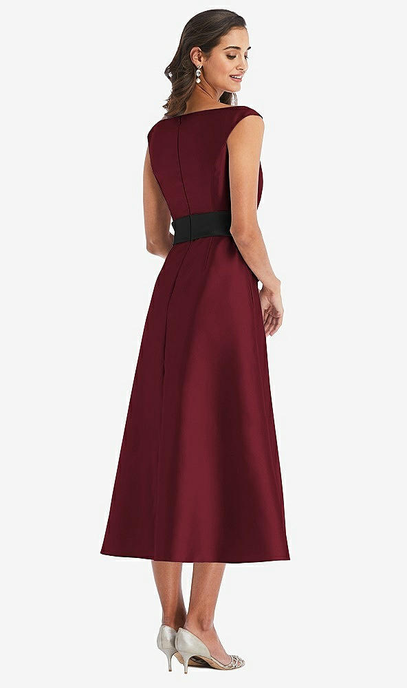 Back View - Cabernet & Black Off-the-Shoulder Bow-Waist Midi Dress with Pockets