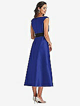 Rear View Thumbnail - Cobalt Blue & Black Off-the-Shoulder Bow-Waist Midi Dress with Pockets
