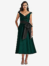 Front View Thumbnail - Evergreen & Black Off-the-Shoulder Bow-Waist Midi Dress with Pockets