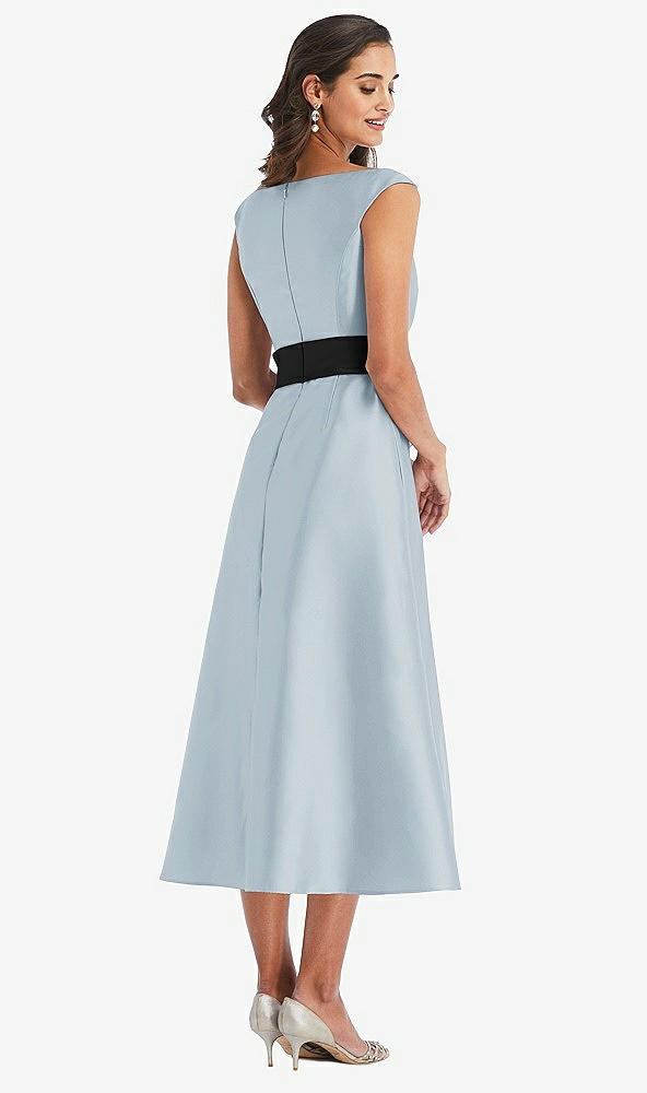Back View - Mist & Black Off-the-Shoulder Bow-Waist Midi Dress with Pockets